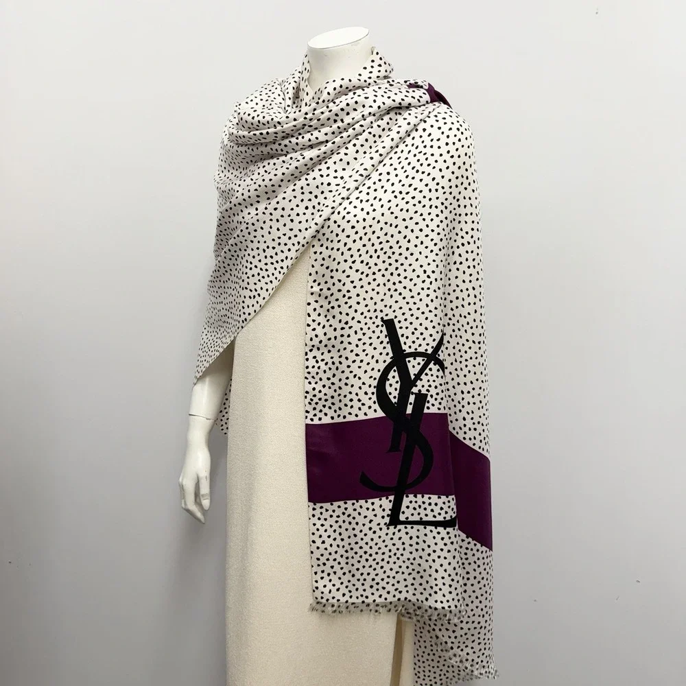 Vintage YSL 100% Silk Shawl Scarf Purple Wide Stripe Black White Dots 36